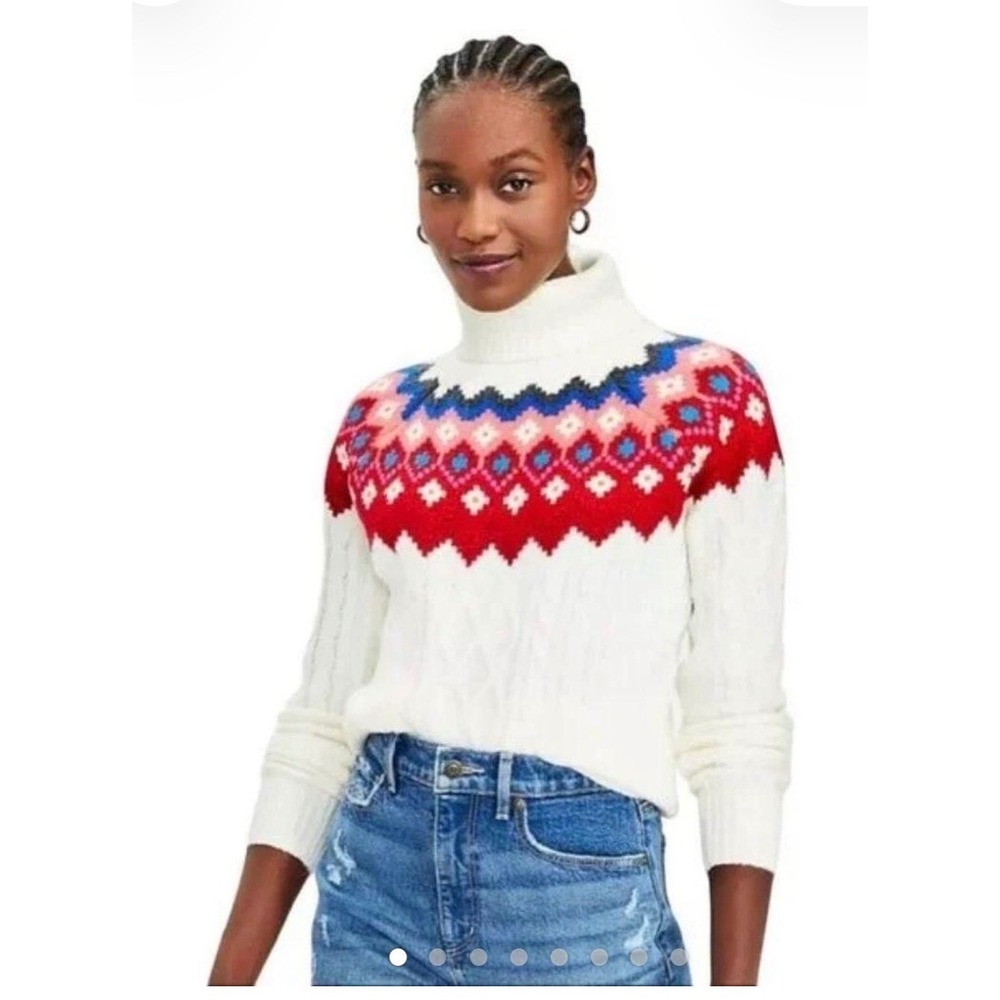 LOFT Women Ivory Fair Isle Cable Knit Turtleneck Sweater XS Red Blue White